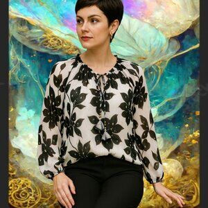 HAVER-London Boho-Chic Semi-Sheer Black Florals Gold Flecks Chiffon Blouse Sz 2X